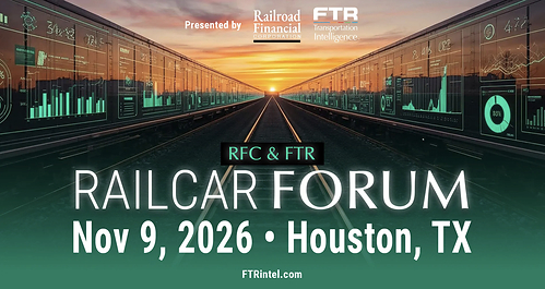 Railroad Financial Corporation and FTR host the Chemical Cars & Capital Forum on November 9, 2026, in Houston, featuring rail market insights, financing trends, and 2027 forecasts. Railroad Financial Corporation and FTR host the Chemical Cars & Capital Forum on November 9, 2026, in Houston, featuring rail market insights, financing trends, and 2027 forecasts.