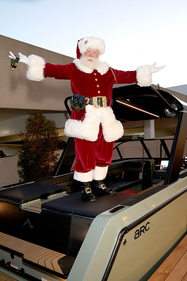Santa on the all-electric sport Arc Boat at Neiman Marcus 2026 Fantasy Gifts Event in Los Angeles