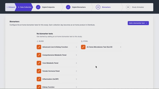 Easily add blood, saliva, stool, and microbiome sample collection to an Alethios study with dried blood spot, Tasso, and swab kits. Alethios supports its own integrated kits, other kit providers or your own lab, so you can measure metabolic, hormonal, inflammatory and microbiome markers without clinic visits.
