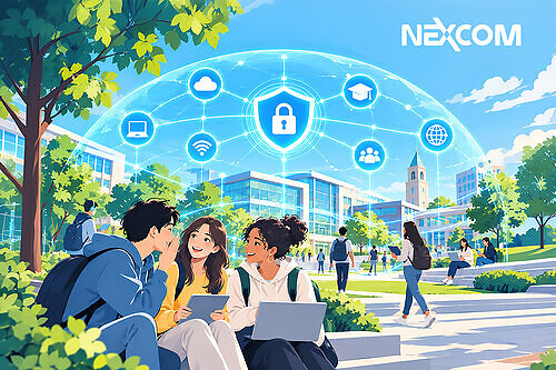 Illustrative image generated using AI. Students gather on a campus lawn under a digital shield symbolizing NEXCOM's Next-Generation Firewall platforms securing academic networks. This image opens in the lightbox