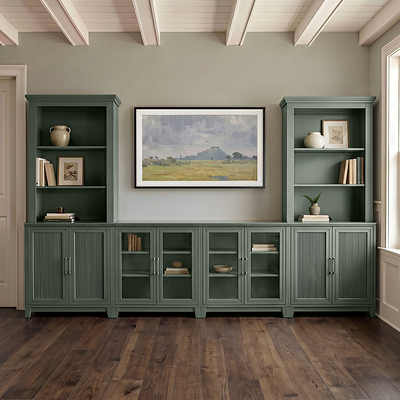 The Martha Stewart Bedford Fluted 6-Piece Modular Media Center, shown here in Sage Green