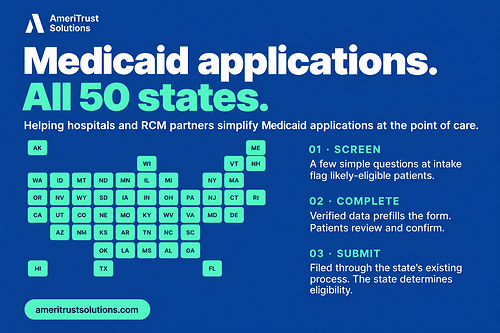 AmeriTrust Solutions’ Medicaid application platform is now available in all 50 states, helping hospitals and revenue cycle management partners simplify applications at the point of care. AmeriTrust Solutions’ Medicaid application platform is now available in all 50 states, helping hospitals and revenue cycle management partners simplify applications at the point of care.