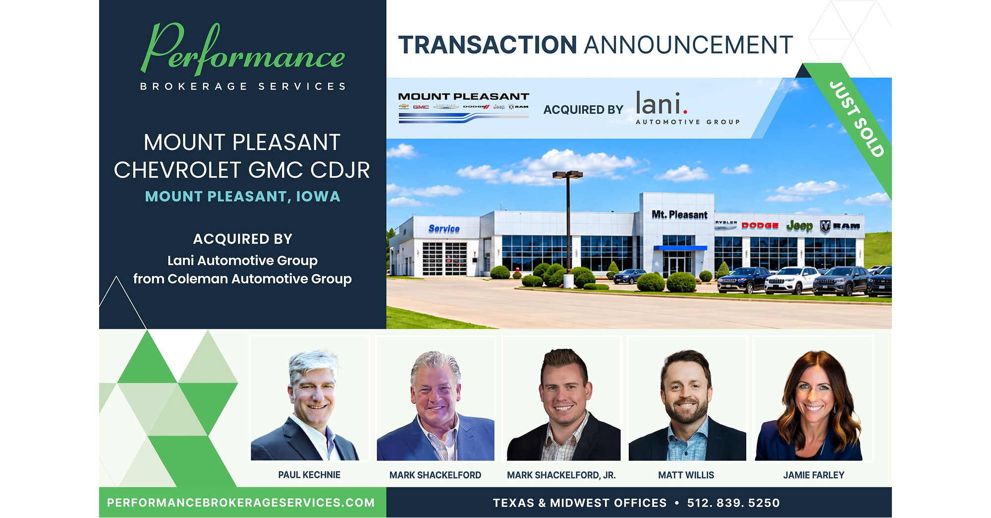 Performance Brokerage Services Advises on the Sale of Mount Pleasant Chevrolet GMC Chrysler Dodge Jeep Ram in Mount Pleasant, Iowa, from Coleman Automotive Group to Lani Automotive Group