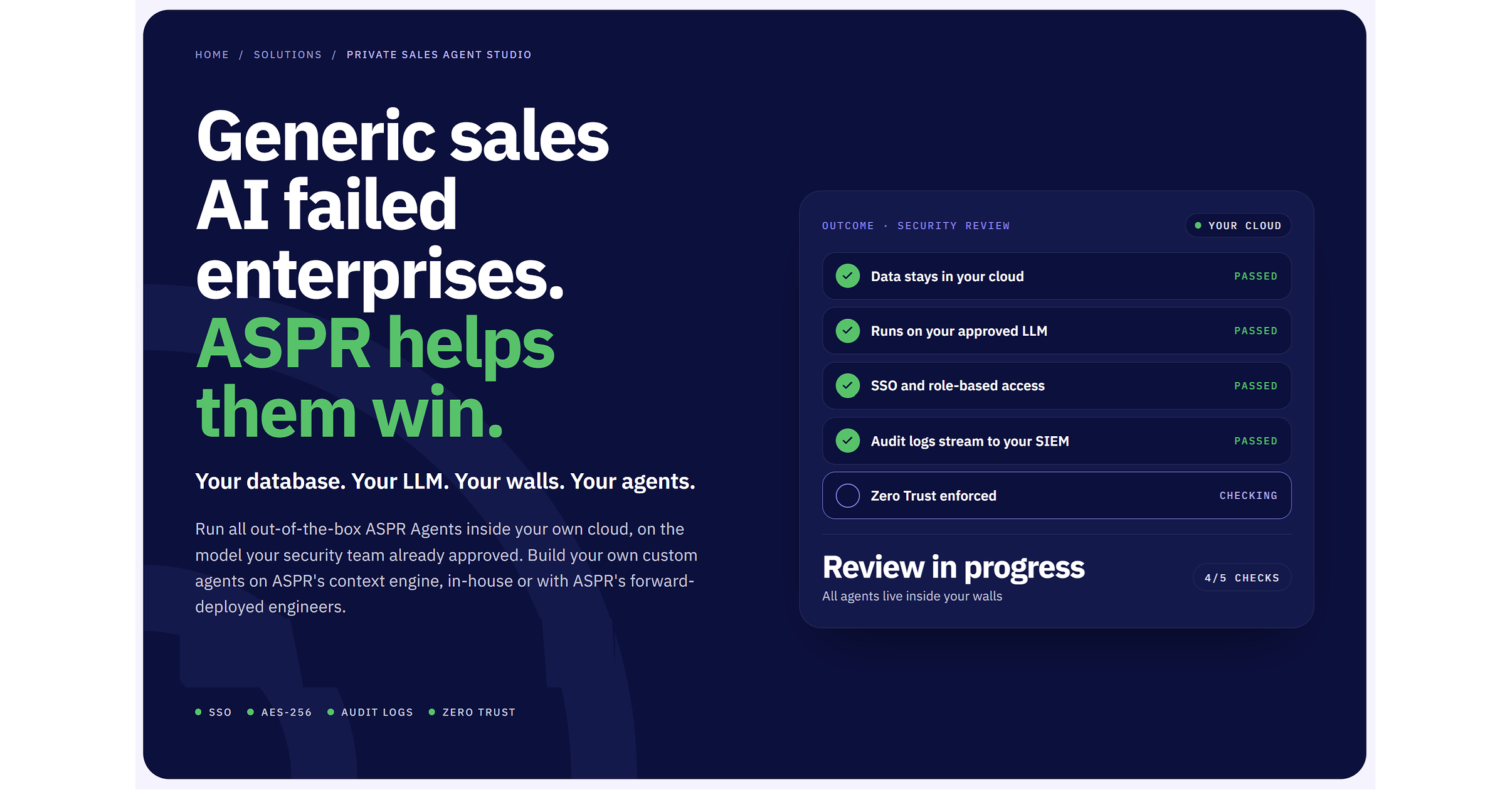 Imagen: ASPR AI (PR Newswire) Gráfico oficial de Private Sales Agent Studio de ASPR AI con una lista de controles de acceso y ejecución en la nube del cliente