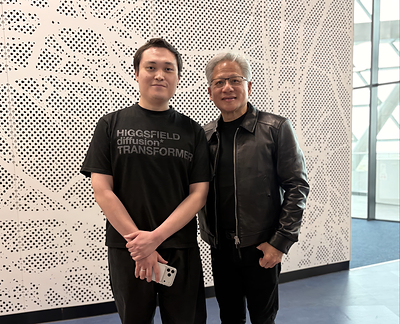 Yerzat Dulat, Co-Founder and CTO of Higgsfield, with Jensen Huang, Founder and CEO of NVIDIA.