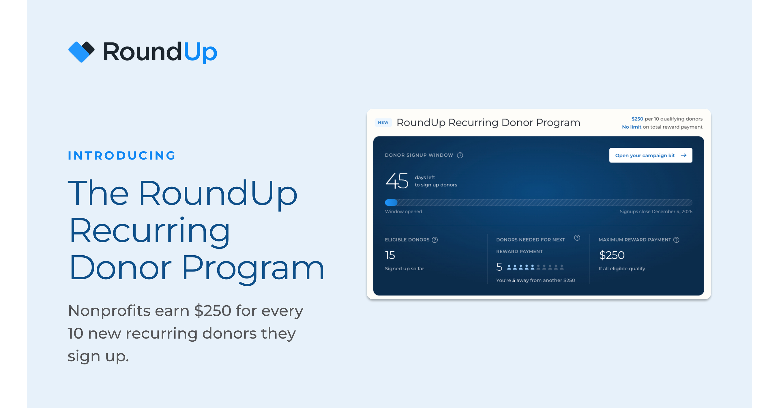 RoundUp.org Invites Nonprofits Nationwide to Build Sustainable Recurring Revenue with the RoundUp Recurring Donor Program--and Receive a $250 Reward Payment from RoundUp for Every 10 New Donors Signed Up
