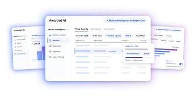 Market Intelligence by HigherGov brings more than 100 million government contracting records into Awarded AI, shown here in the Awards, Labor Pricing and Agencies views.