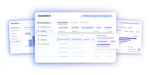 Market Intelligence by HigherGov brings more than 100 million government contracting records into Awarded AI, shown here in the Awards, Labor Pricing and Agencies views.