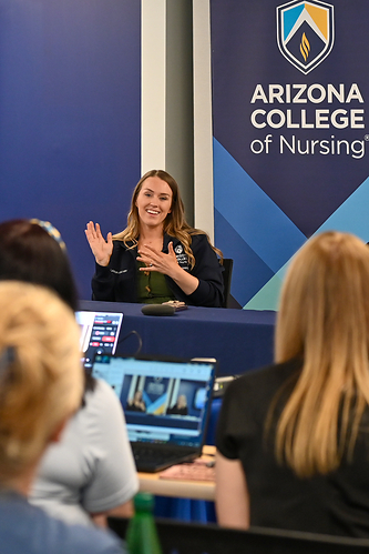 Jen Hamilton speaks to Arizona College of Nursing students at their Phoenix, AZ location, answering student-submitted questions. Jen Hamilton speaks to Arizona College of Nursing students at their Phoenix, AZ location, answering student-submitted questions.