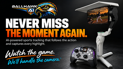BallHawk AI sports tracking system with Game Controller and iPhone-powered camera. Designed to automatically follow the action so parents can watch the game instead of filming it.