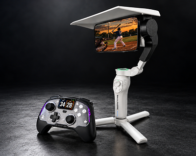 BallHawk AI sports tracking system with iPhone-mounted gimbal, Weather Shield, and wireless Game Controller. Automatically follows the action so parents can watch the game instead of filming it.