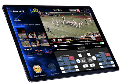 Apollo Streams' iPad broadcasting interface demonstrates live sports production with scoreboards, game clocks, instant replays, highlights, and remote controls.