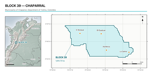 Figure 2. Location of Block 39 (Chaparral block), municipality of Chaparral, Department of Tolima, Colombia, and the sectors identified by the SGC as being of high mineral potential within the block. Geographic coordinates, WGS 84. Figure 2. Location of Block 39 (Chaparral block), municipality of Chaparral, Department of Tolima, Colombia, and the sectors identified by the SGC as being of high mineral potential within the block. Geographic coordinates, WGS 84.