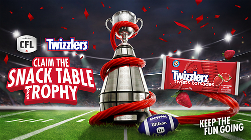 CFL and TWIZZLERS promotional graphic featuring the Grey Cup trophy, TWIZZLERS candy, and the tagline “Claim the Snack Table Trophy.”