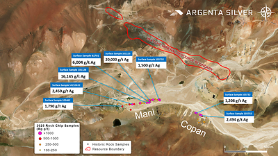 Figure 1. High-grade silver mineralization in outcrops. 2025 rock-chip surface samples in Mani and Copan targets