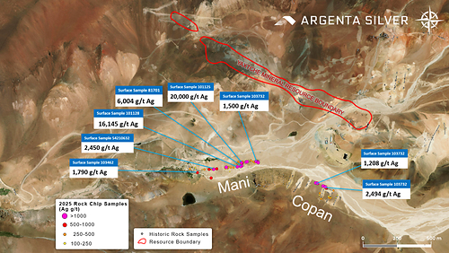 Figure 1. High-grade silver mineralization in outcrops. 2025 rock-chip surface samples in Mani and Copan targets