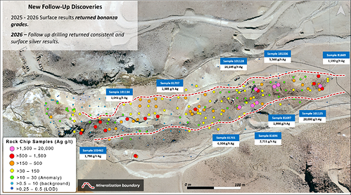 Figure 2. Distribution of surface rock chip samples collected on the sampling grid, compared to high grade silver surface rock chip samples collected previously (shown in Figure 1).