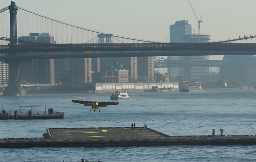 Electra’s hybrid-electric Ultra Short aircraft completed a historic flight at Downtown Skyport in Lower Manhattan, marking what is believed to be the heliport’s first takeoff and landing by a fixed-wing aircraft without vertical takeoff capability. Credit: Electra