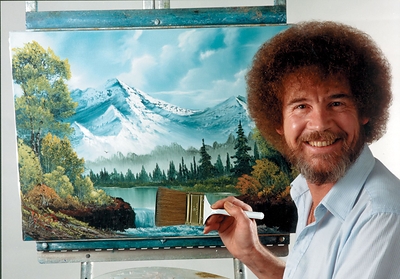 Bob Ross in the studio. Thirty original Bob Ross paintings, donated to American Public Television by Bob Ross Inc., are being auctioned to benefit public television stations nationwide. Courtesy of © Bob Ross Inc. Used with permission