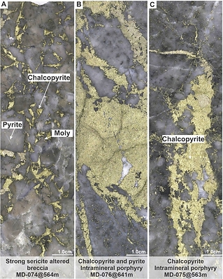 Figure 4. Representative core photographs illustrating the alteration and mineralization intercepted in reported holes MD-074 (A), MD-076 (B) and MD-075 (C)