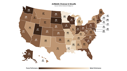 A new national study reveals widespread antibiotic overuse for acute sinusitis, a sinus infection lasting less than 10 days. Motive Medical Intelligence’s analysis of 22,178 primary care clinicians found 77.8% overprescribed antibiotics, with state rates ranging from 70% in Minnesota to 84% in South Dakota, Utah, and Washington. Unnecessary antibiotic use exposes patients to avoidable risks, contributes to antibiotic resistance and adds costs – more than $11 billion a year. A new national study reveals widespread antibiotic overuse for acute sinusitis, a sinus infection lasting less than 10 days. Motive Medical Intelligence’s analysis of 22,178 primary care clinicians found 77.8% overprescribed antibiotics, with state rates ranging from 70% in Minnesota to 84% in South Dakota, Utah, and Washington. Unnecessary antibiotic use exposes patients to avoidable risks, contributes to antibiotic resistance and adds costs – more than $11 billion a year.
