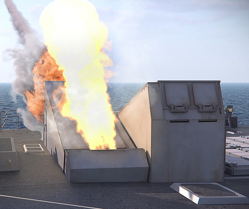 Rendering of a BAE Systems Adaptable Deck Launcher (ADL) during a launch sequence. This scalable solution provides the U.S. Navy with critical flexibility in how it deploys and replenishes missiles in the field.