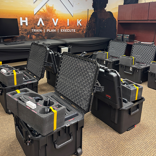 HAVIK kits are displayed in their single-case configuration. Designed for portability, the kits can be set up in minutes to provide simulation systems for mission planning, training and rehearsal. Software only is also available. Photo credit: HAVIK HAVIK kits are displayed in their single-case configuration. Designed for portability, the kits can be set up in minutes to provide simulation systems for mission planning, training and rehearsal. Software only is also available. Photo credit: HAVIK