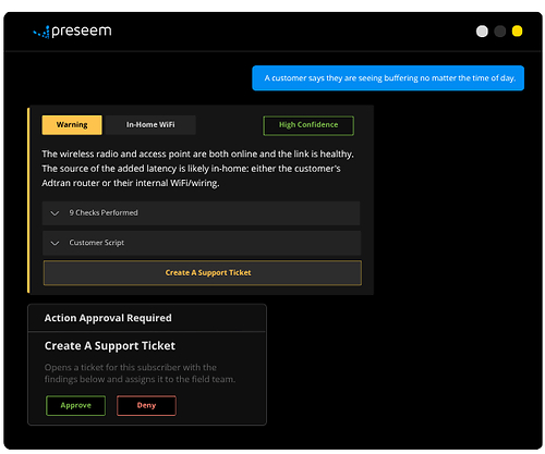 Support Assistant returns a diagnosis, a confidence rating, and a customer script for a buffering complaint. Support Assistant returns a diagnosis, a confidence rating, and a customer script for a buffering complaint.