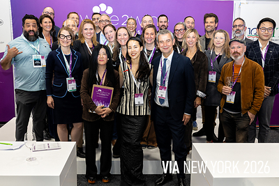 The newly certified Italian Wine Ambassadors with Giovanni Sacripante, General Manager of Veronafiere, Stevie Kim, Managing Partner of Vinitaly, and Sarah Heller MW, VIA Faculty, at the VIA New York 2026 Pinning Ceremony.
