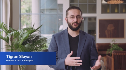 CodeSignal founder and CEO Tigran Sloyan introduces the company’s agentic skills intelligence platform, built to help leaders see what their teams can do and act on it. It evaluates real work artifacts from systems like Salesforce, GitHub, Zoom, and Cursor to build living skills profiles for employees. Cosmo, CodeSignal’s AI tutor, turns skills gaps into tailored practice grounded in real work, while skills insights help employees and leaders track progress over time.
