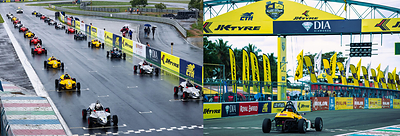THUNDER ON GRID: Open-wheel LGB FORMULA machines sit poised lights out on a glistening wet circuit in Round 1 of the CTR JK TYRE FMSCI INDIAN NATIONAL CAR RACING CHAMPIONSHIP 2026.