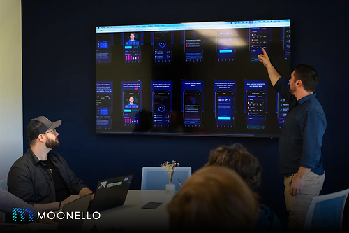 Moonello's engineering team reviews mobile app software interfaces during a product and systems discussion at its Novi, Michigan office. Moonello's engineering team reviews mobile app software interfaces during a product and systems discussion at its Novi, Michigan office.