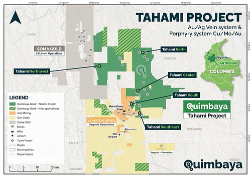 Figure 1. The Tahami Project, Segovia–Remedios district, Antioquia, Colombia, October 2026, showing the Company’s granted mining titles and mineral applications, the ten applications added during 2026, the Tahami Center, Northwest, North, South and Southeast target areas, and the tenements of Aris Mining, Sun Valley and Soma Gold. Tenure from the Sistema de Información Minero Colombiano. Map: Quimbaya Gold. Figure 1. The Tahami Project, Segovia–Remedios district, Antioquia, Colombia, October 2026, showing the Company’s granted mining titles and mineral applications, the ten applications added during 2026, the Tahami Center, Northwest, North, South and Southeast target areas, and the tenements of Aris Mining, Sun Valley and Soma Gold. Tenure from the Sistema de Información Minero Colombiano. Map: Quimbaya Gold.
