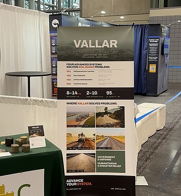 Vallar Advanced Systems exhibited its four soil-based systems, covering erosion and dust control, soil stabilization, asphalt reinforcement and concrete sealing, at the Greenbuild International Conference + Expo, held Oct. 20-23 at the Javits Center in New York City. Vallar Advanced Systems exhibited its four soil-based systems, covering erosion and dust control, soil stabilization, asphalt reinforcement and concrete sealing, at the Greenbuild International Conference + Expo, held Oct. 20-23 at the Javits Center in New York City.