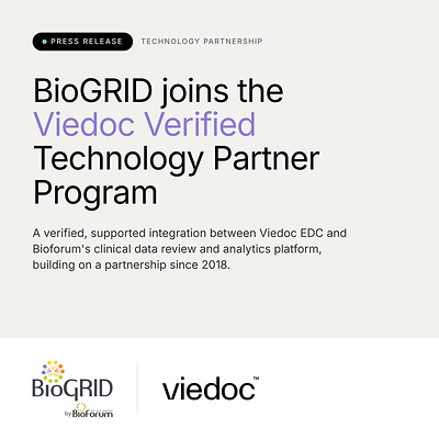 BioGRID by Bioforum joins the Viedoc Verified Technology Partner Program, establishing a verified, supported integration between Viedoc EDC and BioGRID, Bioforum's clinical data review and analytics platform. BioGRID by Bioforum joins the Viedoc Verified Technology Partner Program, establishing a verified, supported integration between Viedoc EDC and BioGRID, Bioforum's clinical data review and analytics platform.