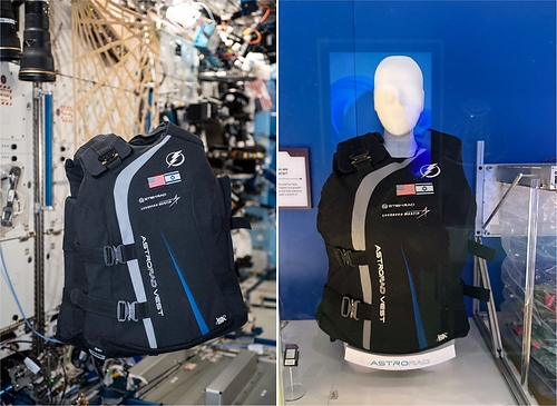 From space to the Smithsonian: StemRad's AstroRad radiation protection vest aboard the International Space Station (left, credit: NASA) and on display at the Smithsonian National Air and Space Museum (right, credit: NASM). From space to the Smithsonian: StemRad's AstroRad radiation protection vest aboard the International Space Station (left, credit: NASA) and on display at the Smithsonian National Air and Space Museum (right, credit: NASM).