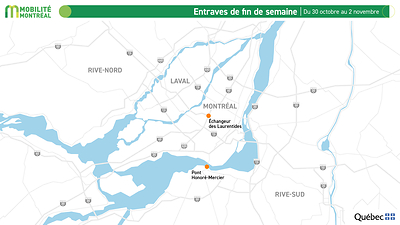 Carte générale des entraves - fin de semaine du 30 octobre 2026