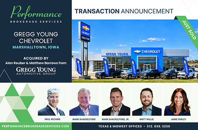 Performance Brokerage Services Advises on the Sale of Gregg Young Chevrolet in Marshalltown, Iowa, from Gregg Young Automotive Group to Alan Reuber and Matthew Barrows