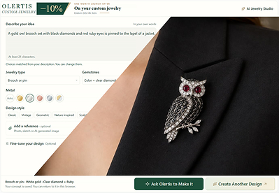 An owl brooch concept generated from a written description in Olertis' AI Jewelry Design Studio. An owl brooch concept generated from a written description in Olertis' AI Jewelry Design Studio.