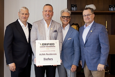 From left to right: FirstService Residential CEO David Diestel; ALINA Residences General Manager German Cabieses; The BJH Group Founder and resident of ALINA Residences Bruce Himelstein; and FirstService Residential South Region President Robert Smith